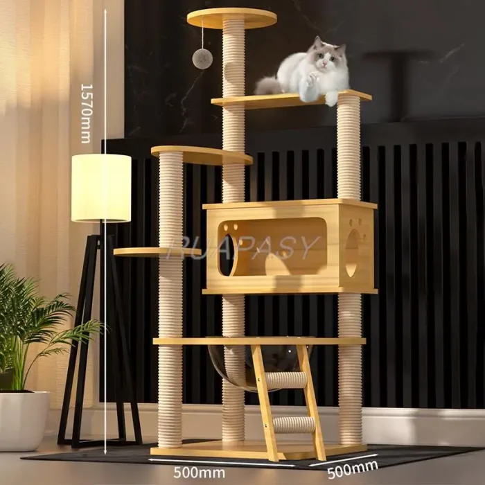 Multi-Level Cat Tree Climbing Frame Shelf  Wood Scratching Post Sisal Pillar Jumping Platform Perch Tower Integrated Cat Frame - 图片 3