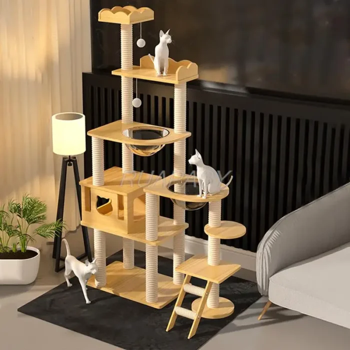 Multi-Level Cat Tree Climbing Frame Shelf  Wood Scratching Post Sisal Pillar Jumping Platform Perch Tower Integrated Cat Frame - 图片 2